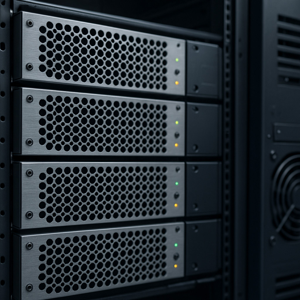 Bare metal dedicated server hardware with CPU, RAM sticks, and NVMe drives installed in a chassis