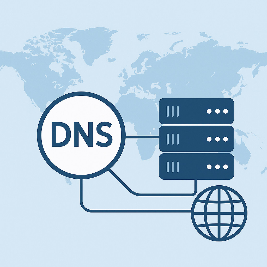 World map visualization showing global DNS infrastructure and domain name resolution paths