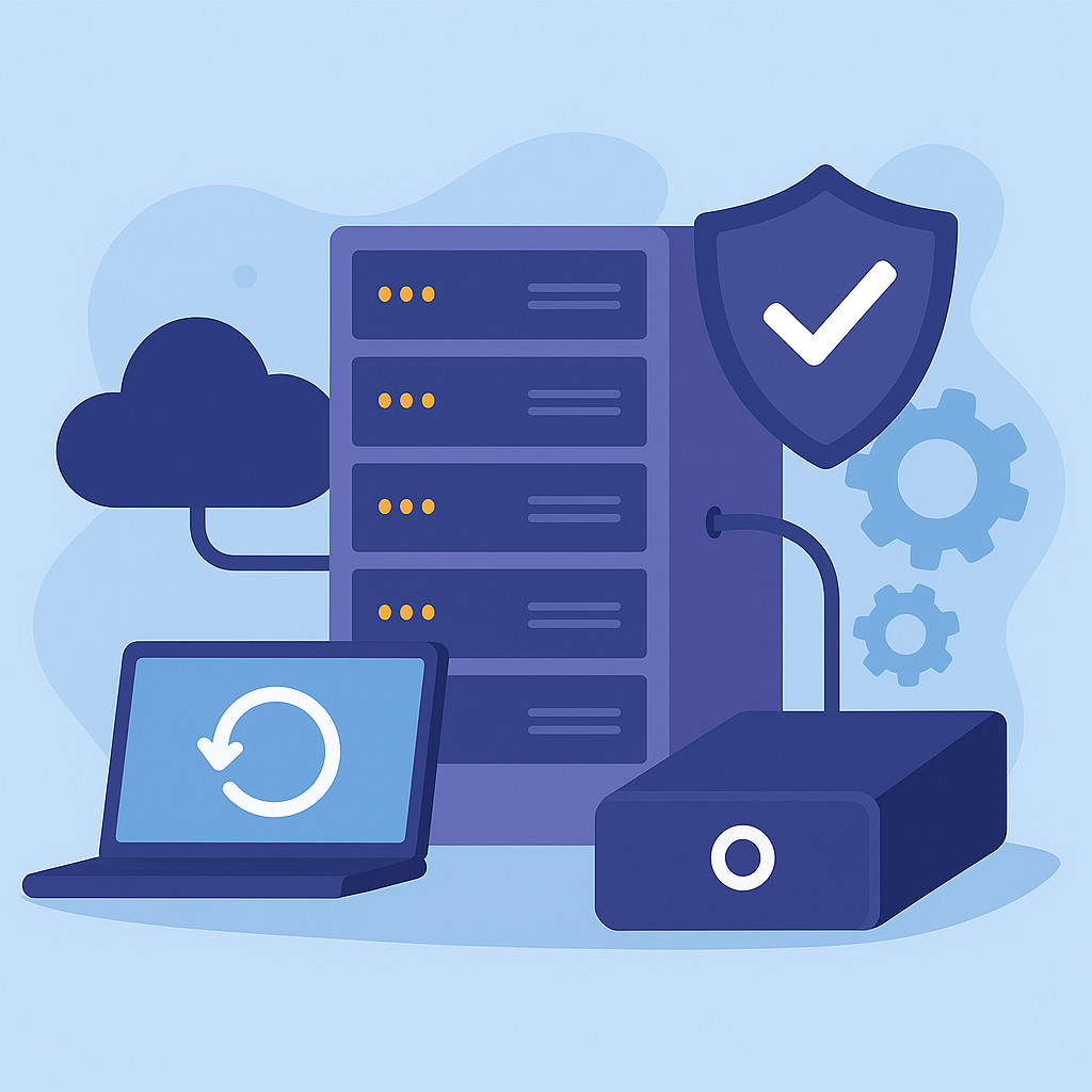 Server backup system with external storage drives and cloud backup visualization