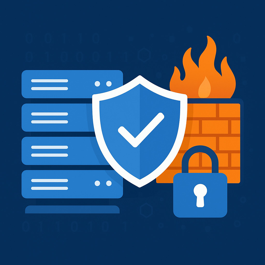 Server security concept showing firewall rules and intrusion detection with lock and shield icons