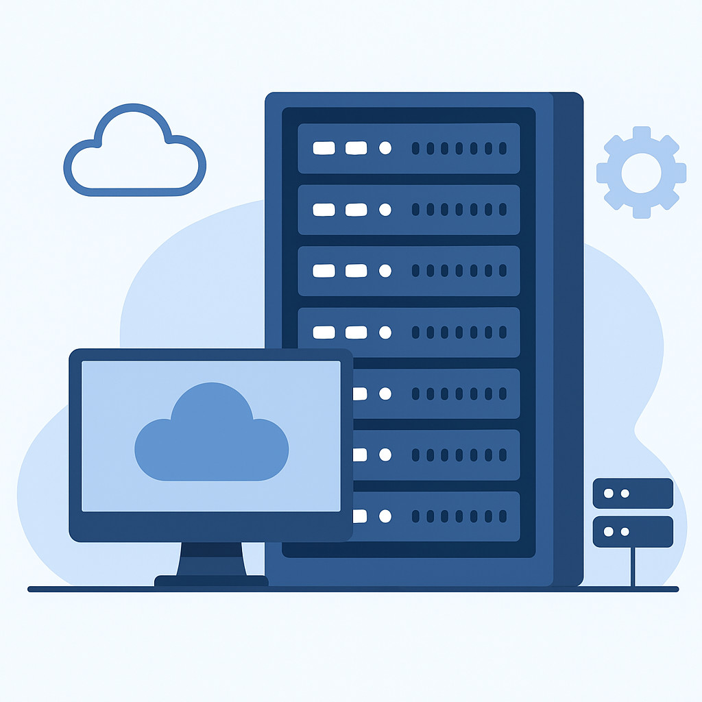 Dense server rack in a shared hosting data center with blue LED lighting