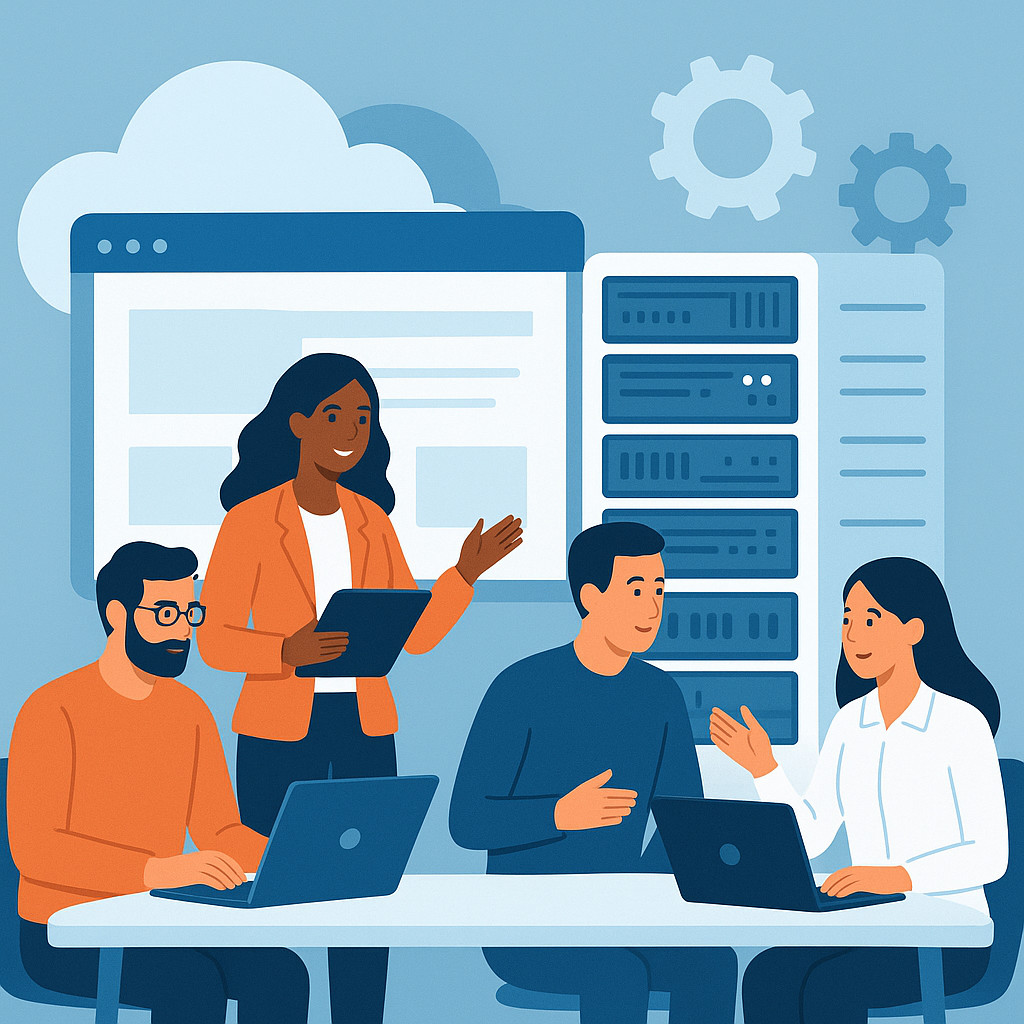 Web hosting professionals collaborating in a modern data center environment